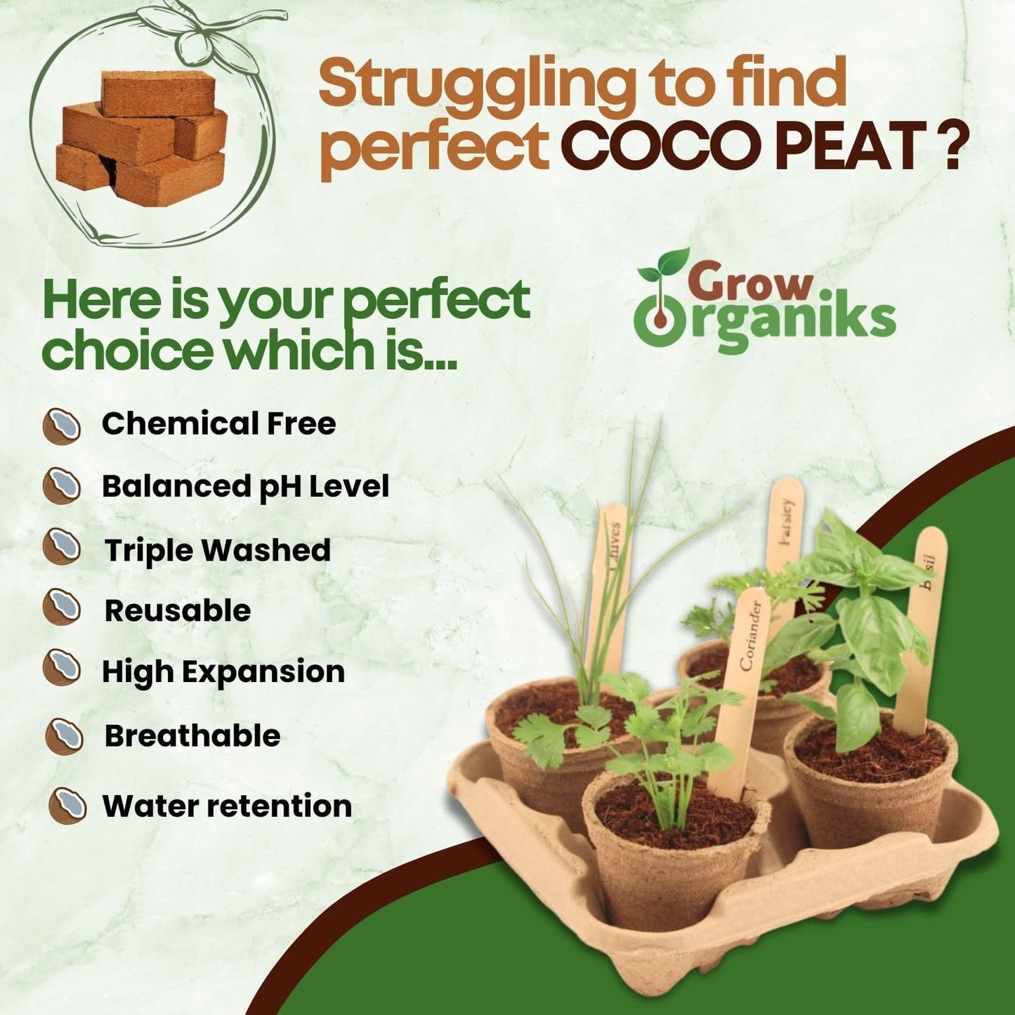 6 Pack Premium Coco Coir Brick for Plants | 100% Organic Compressed Coconut Coir Bricks Starting Mix, Coco Coir Fiber Coconut Husk for Planting, Gardening, Potting Soil Substrate, Herbs, 1.4 LB/Brick