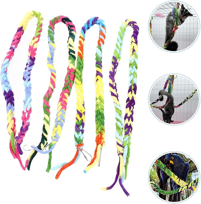 Mipcase 4pcs Hamster Suspension Bridge and Parrot Stand Rod Set with Cotton Climbing Rope and Swing Hammock, Colorful Bird Cage Accessories for Small Birds and Pets Random Color