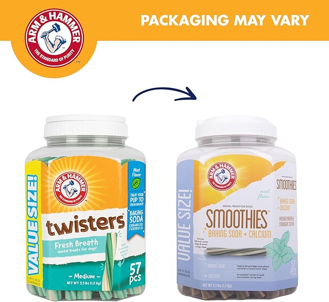 Arm & Hammer Smoothies Dental Chews for Dogs with Baking Soda & Calcium, Fight Bad Breath, Plaque & Tartar without Brushing, Mint Flavor, Medium Size, 57 Count, 3.3 lb Bucket