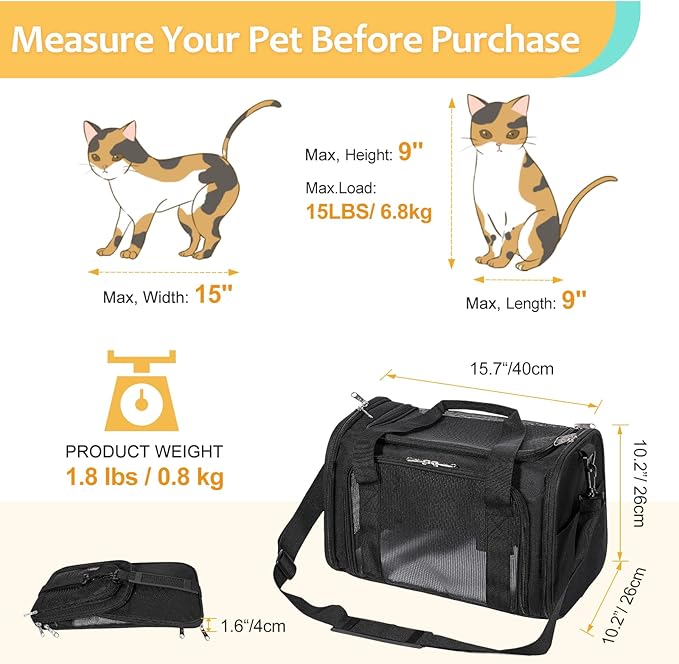 Discala Cat Dog Carrier Up to 15 Lbs TSA Airline Approved Pet Carrier for Small Medium Cats Puppies Dog Carriers for Small Dogs Collapsible Soft Sided Cat Travel Carrier - Black 17"x11"x11"