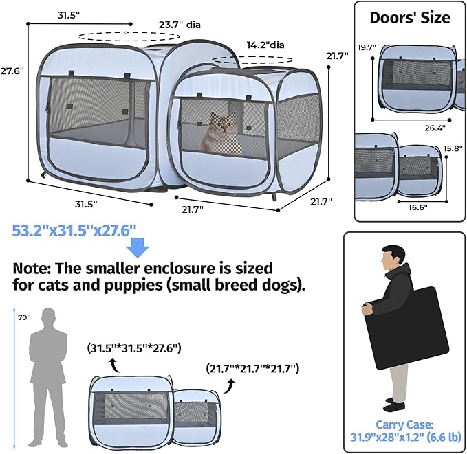 EighteenTek® 2-in-1 Portable Cat Playpen(Front Doors), Pop up Kitten Playpen, Assembly-Free, Pet Tent Crates Kennel Cage Enclosure for Dog Puppy Indoor Outdoor(No Divider, Unified Space)