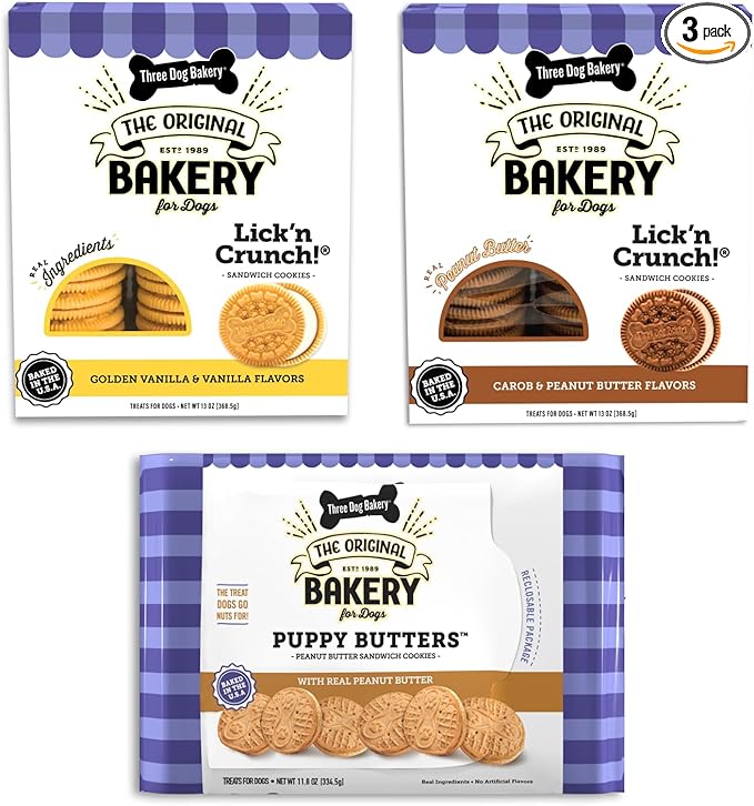 Three Dog Bakery Lick'n Crunch! Sandwich Cookies Variety Pack Premium Treats for Dogs, Carob/Peanut Butter, Golden/Vanilla, & Pupper Butters, 37.8 Ounces, 3-Pack