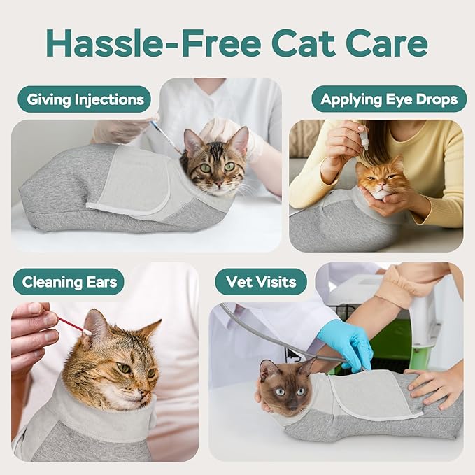 Self-Adhesive Cat Grooming Wrap, Cozy Cat Wrap for Cutting Nails, Breathable Anti-Scratch Cats Swaddle Bag for Brushing, Ear Cleaning, Dental Care, Medication, Injections,Grey L