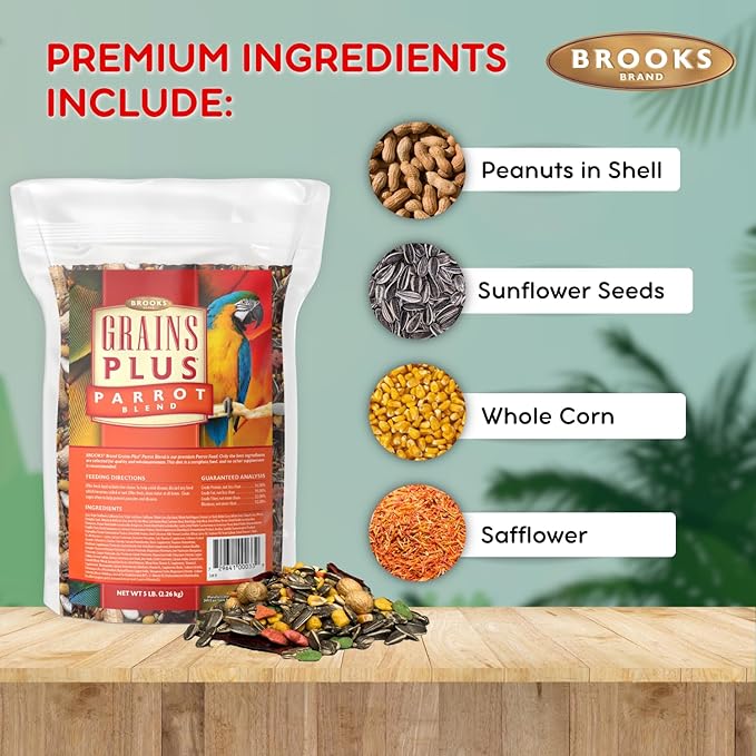 Brooks Brand Grains Plus Parrot Blend, Bird Food Parrot Seed Mix, African Grey Food, Eclectus, Indian Ringneck, Quaker (5 lbs)