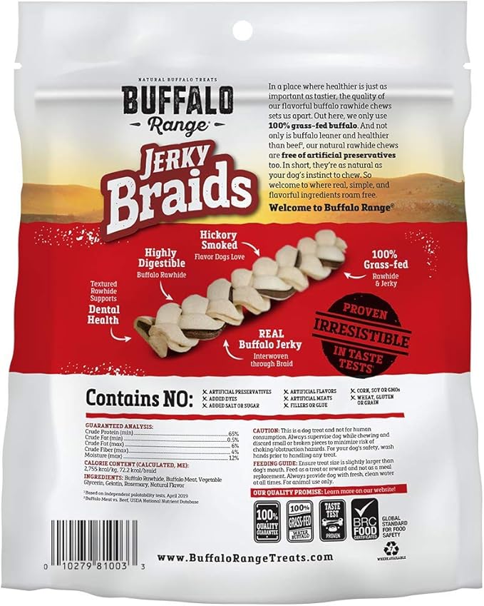 Buffalo Range Rawhide-Free Dog Treats – Braided Jerky Chews Made with Grass-Fed Buffalo – Hickory Smoked Flavor High Protein Dog Chews – Natural Rawhide Alternative Treat – 10 Count