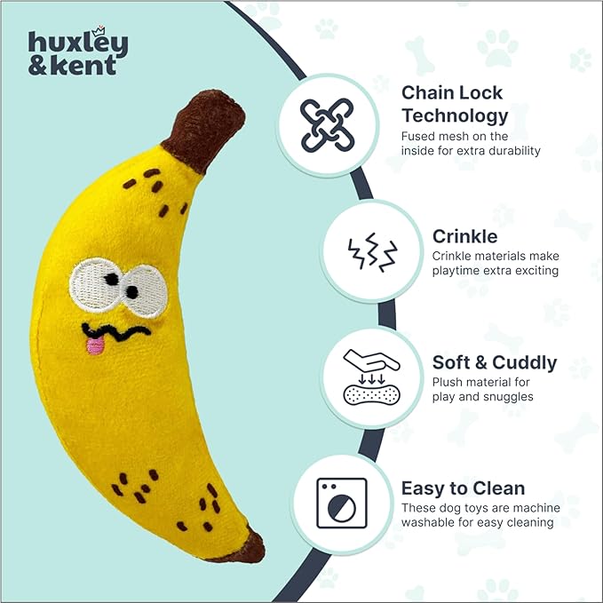 Huxley & Kent Funny Dog Toy w/Squeaker – Power Plush Squeaky Dog Toys for Small Dogs – Durable Small Stuffed Animal for Indoor Play & Fetch - Tiny Tuff Bruiser Banana