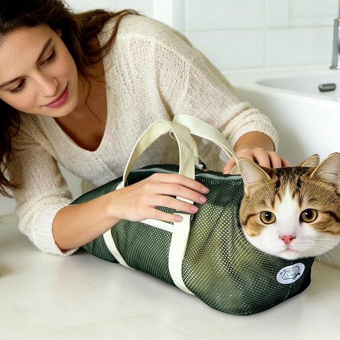 Cinf Cat Bathing Bag(Free Muzzle) Breathable Mesh Anti Scratch Adjustable Cat Grooming Bag for Nail Trimming, Bathing Soft Cat Washing Bag(Moss Green) M