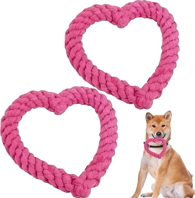 2Pcs Pink Cute Dog/Cat Chew Toys, Dog Toys for Chewers, Heavy Duty Dental Dog Rope Toy for Dogs, Creative Love Heart Shaped Interactive, Girl Puppy