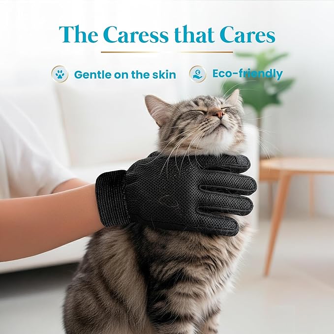 Cat Grooming Gloves for Shedding – Pet Hair Remover Set with Cleaning Mitt – 2 Grooming Gloves + 1 Reusable Pad for Cats, Dogs & Horses – Long & Short Hair Deshedding