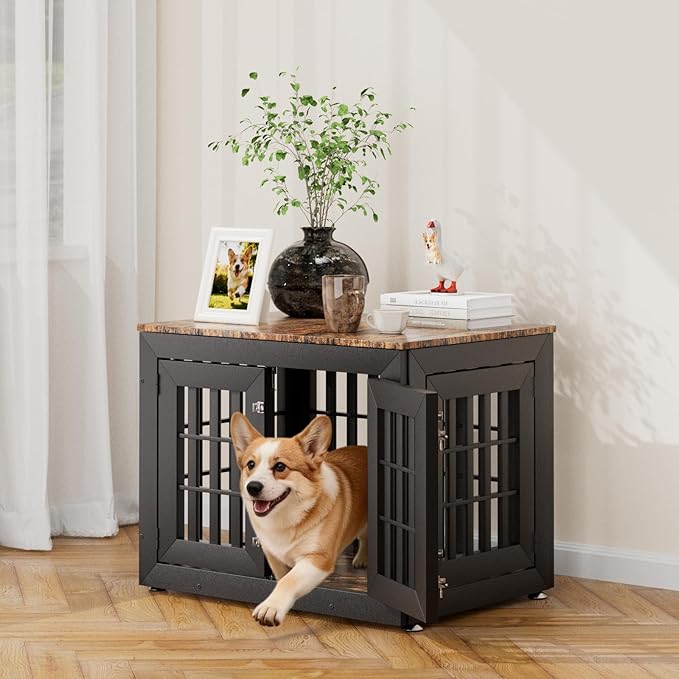 Snuowu 32" Heavy-Duty Dog Crate Furniture for Small/Medium Dogs, Rustic Wooden Dog Cage Kennel Indoor Furniture, Decorative Pet House End Table, Black & Wood