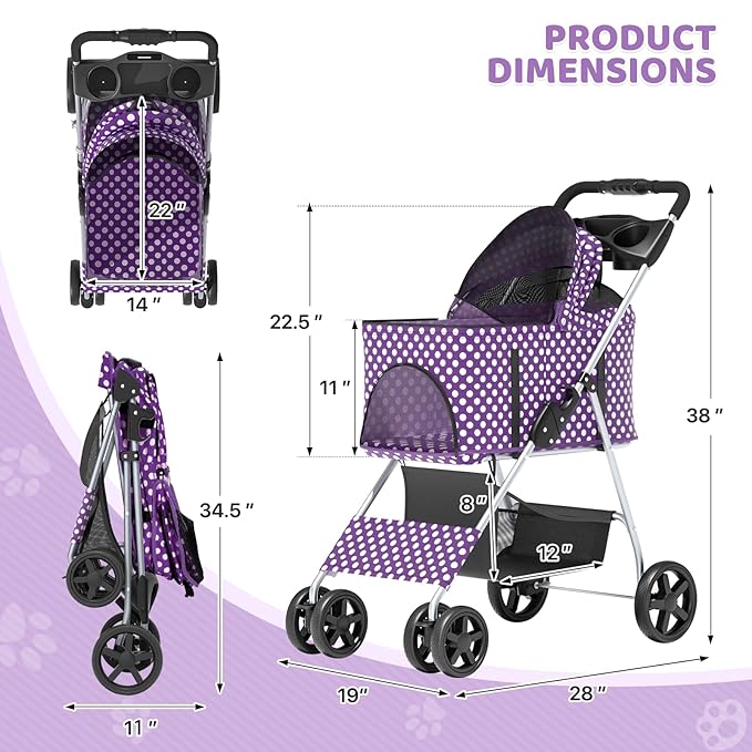 Magshion Foldable Pet Stroller, 3-in-1 Dog Travel Jogger with Detachable Carrier, Cup Holder, Storage Basket, Folding Carrier for Small/Medium Dogs & Cats Up to 33 lbs, Purple Polka Dots
