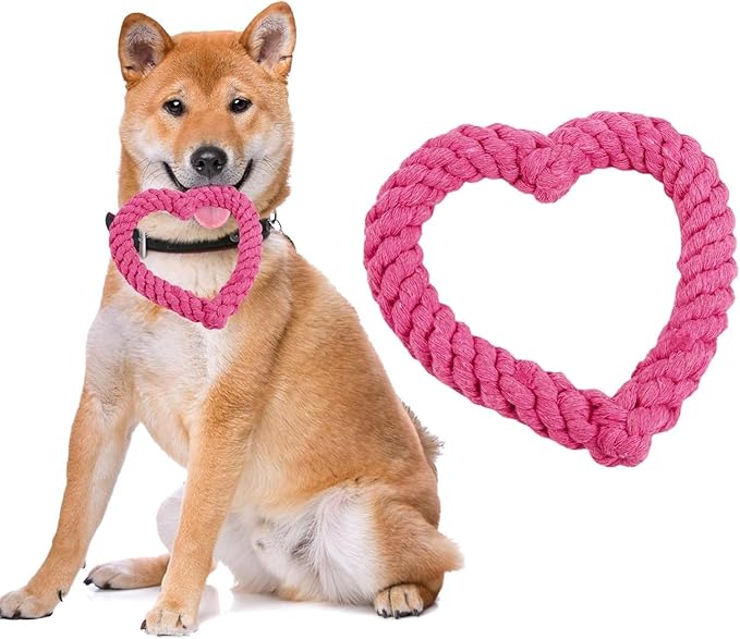 Pink Cute Dog/Cat Chew Toys, Dog Toys for Chewers, Heavy Duty Dental Rope Toy for Dogs, Creative Love Heart Shaped Interactive Rope Dog Toys, Cotton Puppy Teething Chew Tug Toy Dark