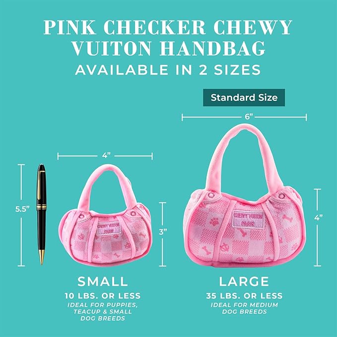 Haute Diggity Dog Chewy Vuiton Handbag Plush Squeaky Dog Toy, Soft Durable Designer-Inspired Stuffed Puppy Chew Toys for Small & Medium Dogs, Machine-Washable (Pink Checker) Large