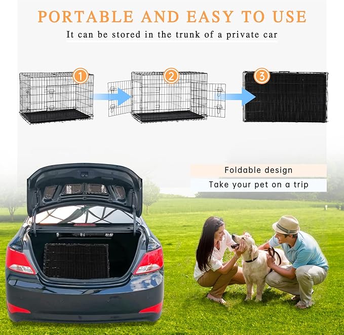 Dopinmin Large Dog Crate 42 Inches Double Door Pet Crate Folding Metal Wire Dog Cage with Divider Panel Leak-Proof Plastic Pan Indoor Outdoor Pet Crates for Medium and Large Breed Pet Animals Black