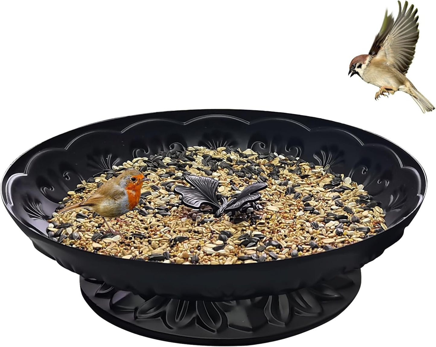 Ground Platform Bird Feeder Tray,11” Metal Large Standing Bird Feeder Mesh Seed Tray，for Outdoor Garden (Black-1 Pack)