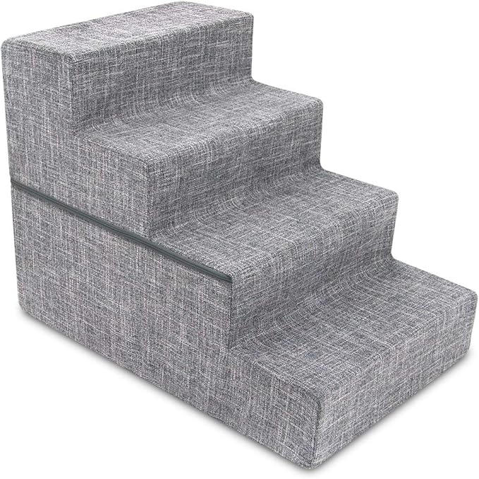 Best Pet Supplies Round Bed for Pet, 4-Step Pet Stair, Grey Linen (Foldable)