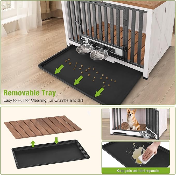 GUTINNEEN Dog Crate Furniture Foldable Dog Kennel for Small Medium Dogs Large Solid Wood Dog House with Bowl Heavy Duty Dog Cage End Table