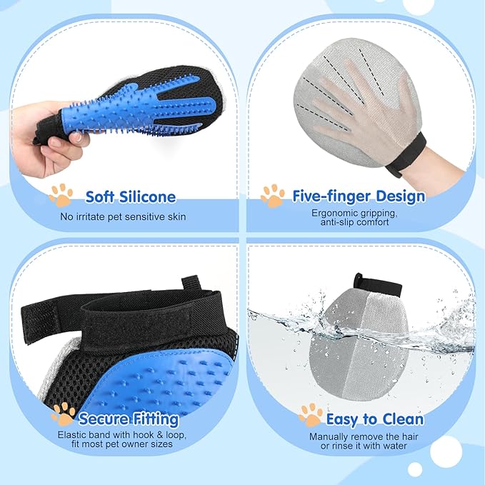 Pawaboo Pet Hair Removal Glove, Dual-Side Electrostatic Hair Removal & Silicone Fur Brush for Dogs and Cats, Reusable Five-Finger Pet Fur Grooming Glove for Couch Carpet Clothes Laundry, Blue & Grey