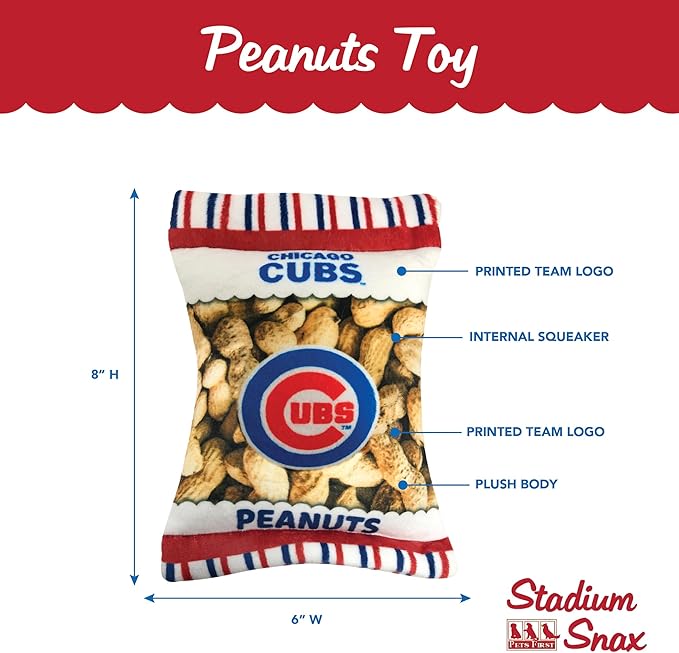 MLB Chicago Cubs Plush Peanuts Snack Toy for Dogs & Cats with Embroidered Team Name & Logo with Inner Squeaker