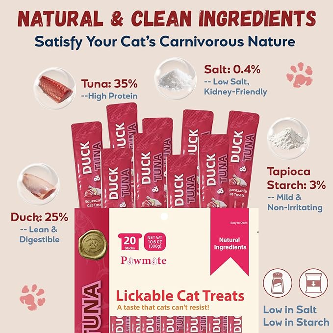 Pawmate Lickable Tuna & Duck Cat Treats, High Moisture Wet Cat Squeeze Snacks for Urinary Health & Hydration, Creamy Cat Puree for Kittens & Adult Cats, Grain-Free & Easy to Digest, 20 Tubes, 15g Each