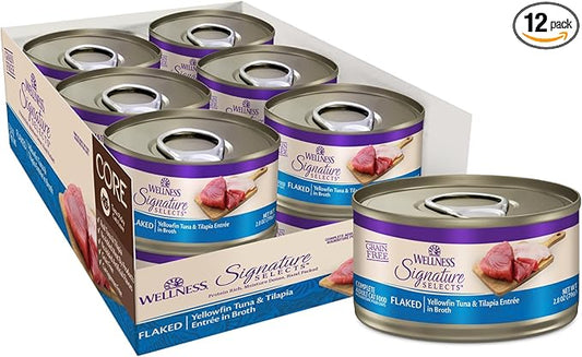 Wellness CORE Signature Selects Flaked Adult Canned Wet Cat Food, Natural, Protein Rich, Grain Free, Yellowfin Tuna and Tilapia Entrée Recipe, 2.8 oz, Pack of 12 Cans