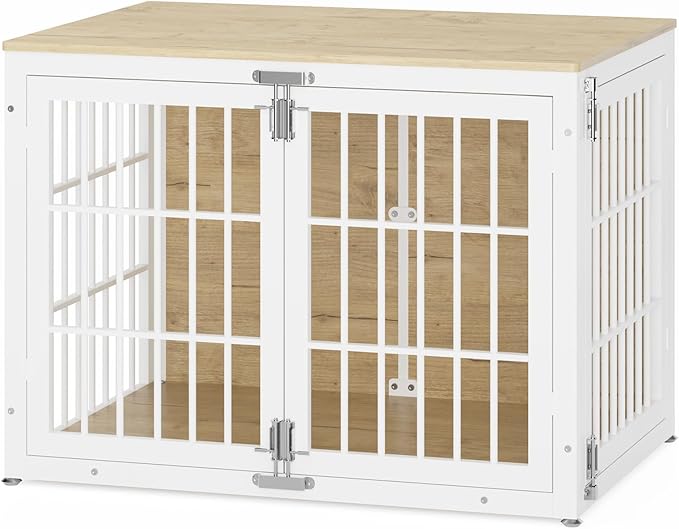 41" Heavy Duty Dog Crate Furniture, Wooden Dog Cage Kennel for Lrage and Extra Large Dogs, Dog Kennel Indoor with Side Door, Decorative Pet House End Table, White and Natural