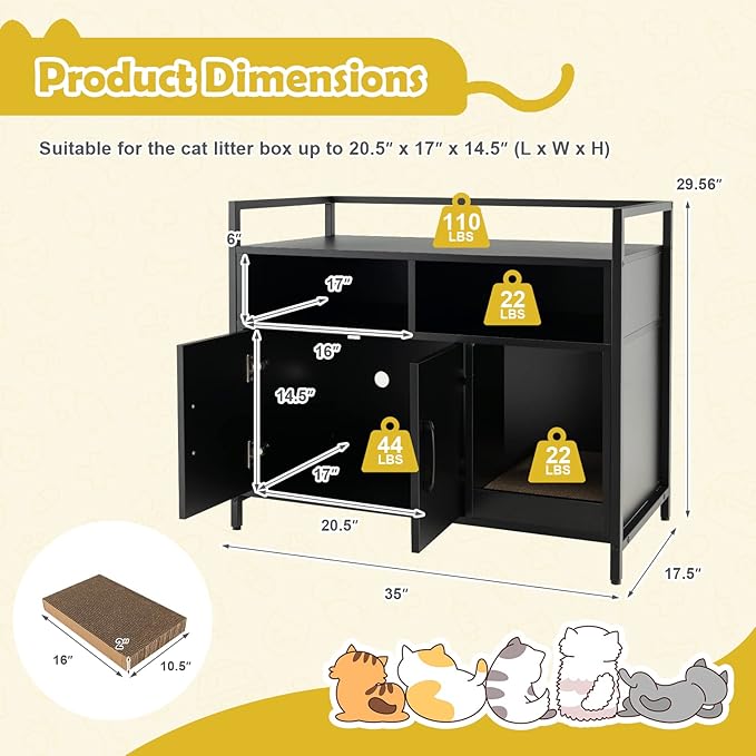 Tangkula Litter Box Enclosure, Cat Litter Box Furniture Hidden w/Metal Frame, Scratching Board, Storage Compartment, Wooden Cat Washroom, Indoor Cat House Side Table, Cat Box Cabinet (Black)