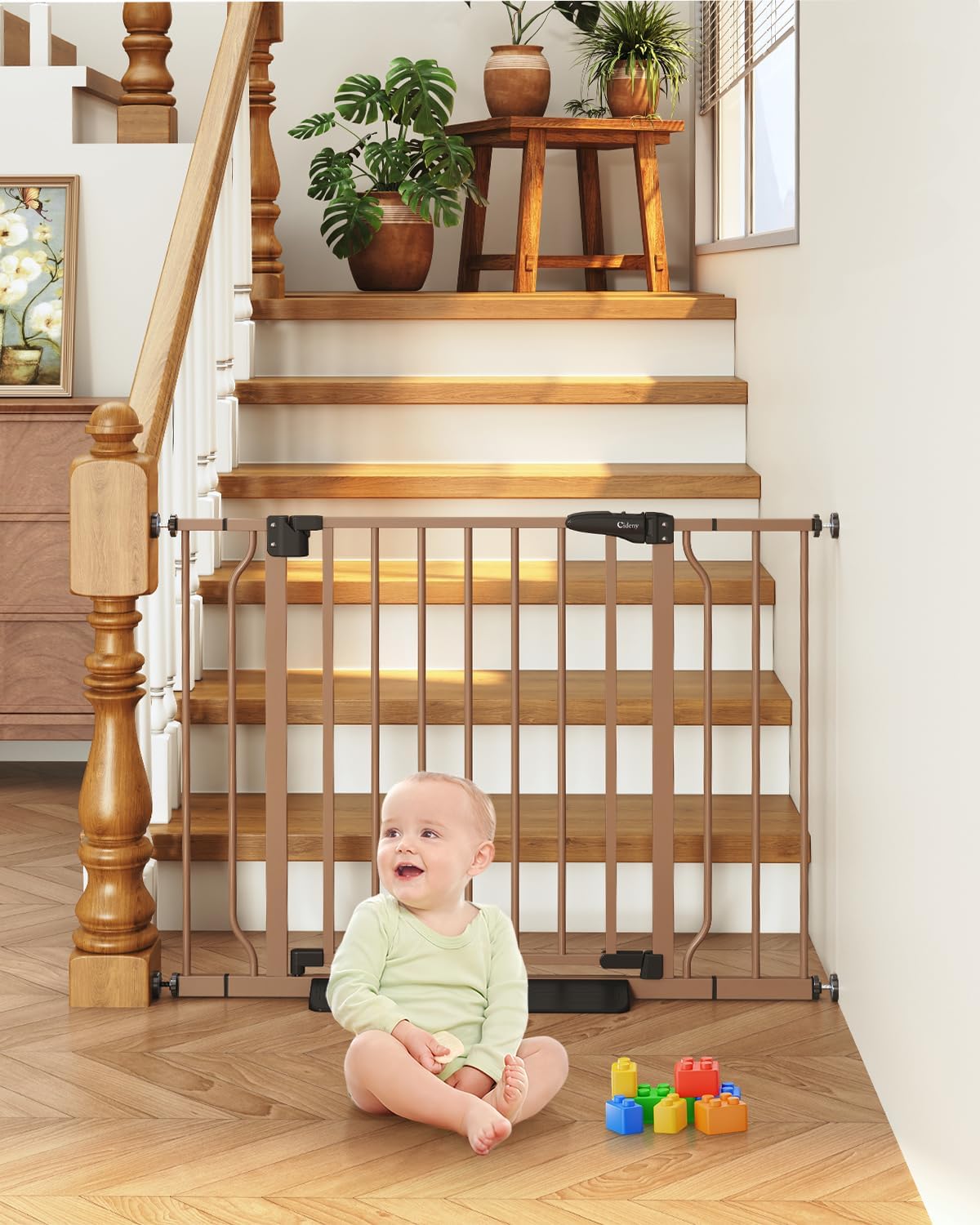 29"-40" Baby Gate for Stairs, Auto Close Stroller Friendly Dog Gate Indoor for Doorways, Pressure Mounted Baby Gate, Easy Walk Through Gate for Children & Pets, Brown