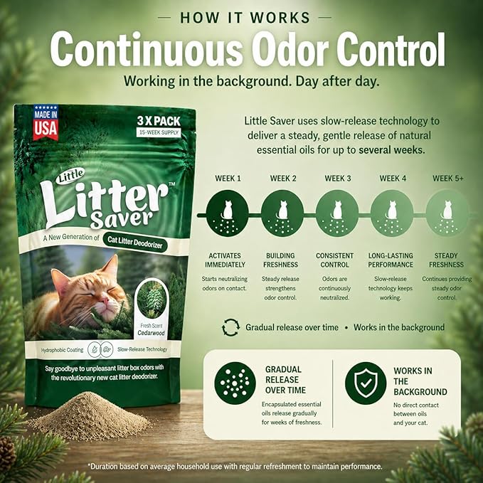 Little Litter Saver | a New Generation Of Cat Litter Box Deodorizer | Unique Formula for Slow Release | Natural Fresh Scent | Up to 15 Weeks Supply | 3 x 0.5oz bags (Cedar)