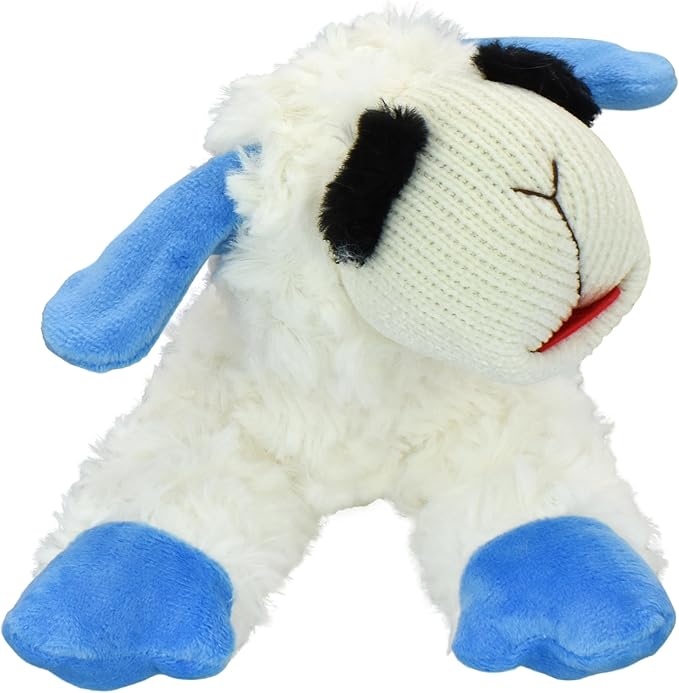 Multipet Lamb Chop Dog Plush Toy - Squeaky Toy for All Dogs - Durable Oxford Lining - Stuffed Animal for Cuddling & Playing (10.5", Blue Paws)
