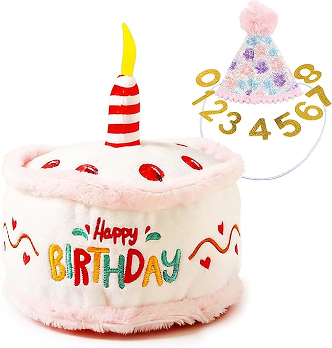 Dog Birthday Toy Pup Cake Puppy Plush Squeak and Crinkle Gift for Small Medium Pet (White)