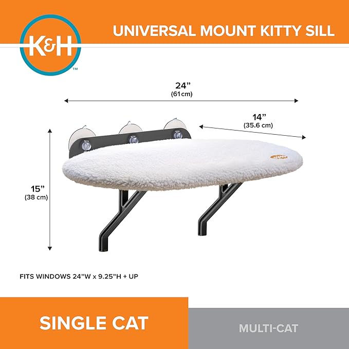 K&H Pet Products Universal Mount Cat Window Perch Bed for Large Cats, Orthopedic Window Hammock Holds 60 lbs, Sturdy Suction Cups, Washable Cover, Indoor Windowsill Furniture Bed - 14 X 24in Fleece