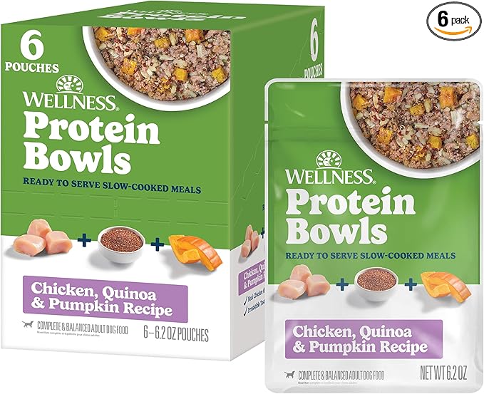 Wellness Protein Bowls Adult Wet Dog Food, Fresh Alternative, Wholesome Grains, Natural, Chicken, Quinoa, and Pumpkin Recipe, 6.2 oz, Pack of 6 Pouches