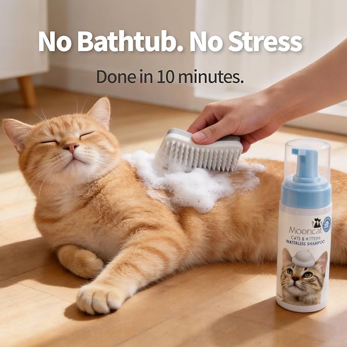Mooncat Waterless Cat Shampoo + 2-in-1 Cat Bath Brush Set, No Rinse Dry Foam Bath for Short Hair Cats & Kittens, SGS-Tested Lick-Safe, Veterinarian Approved & pH-Balanced, Brush, 5 oz
