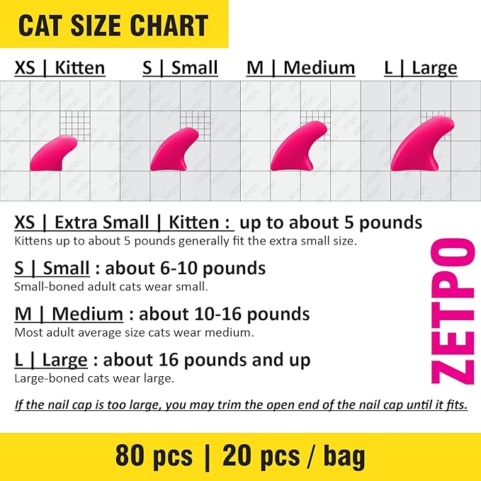 zetpo 80 pcs Cat Nail Caps | Cat Claw Covers | with Adhesives and Applicators (Clear, L)