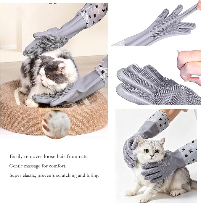 Pet Grooming Long Sleeve Washing Gloves feature silicone grooves design, ideal for both cats and dogs. This set includes 4 pieces in total, coming with a cat bathing bag and a pet hair remover.