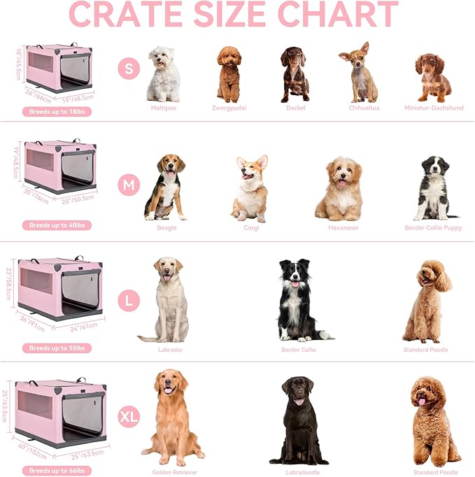 PETSFIT 36" Soft Portable Dog Crate – Patented Spiral Sturdy Frame, Collapsible Travel Kennel for Medium & Large Dogs, 3 Mesh Door, Lockable Zippers, Indoor & Car Use Pink