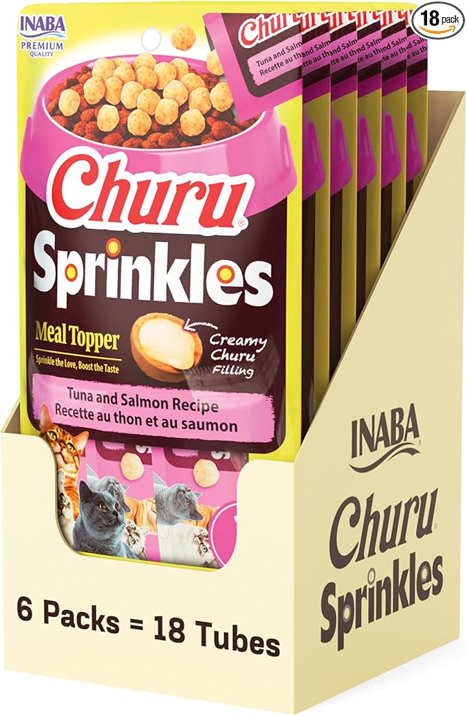 INABA Churu Sprinkles for Cat, Soft & Chewy Churu Filled, Baked Chicken Cat Treat Meal Topper with Vitamin E and Green Tea Extract, 1.05 oz. per Pack, 18 Packs Total, Tuna and Salmon Recipe