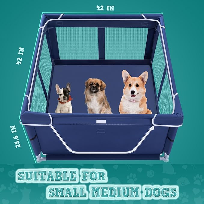XVISHX 42x42 Inch Puppy Playpen with Cover, Dog Playpen for Puppies or Small Dogs, Pet Fence for Indoor & Outdoor, Sturdy Safety DogPen with Thickened Fabric, High-Strength Nylon Wire Mesh, Blue