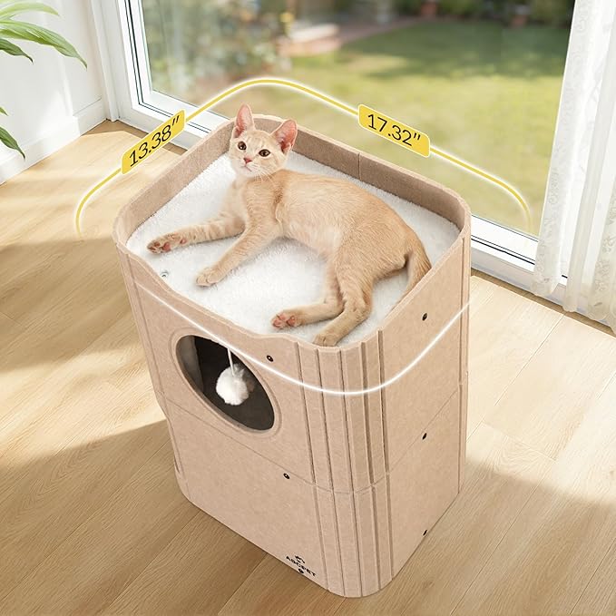 ABCPET Cat House for Indoor Cats, Cat Condo Cat Bed Cave, Felt Cats Hideaway Condo with Resistant Scratching Freedom Kitten Cube & Hanging Ball, Beige