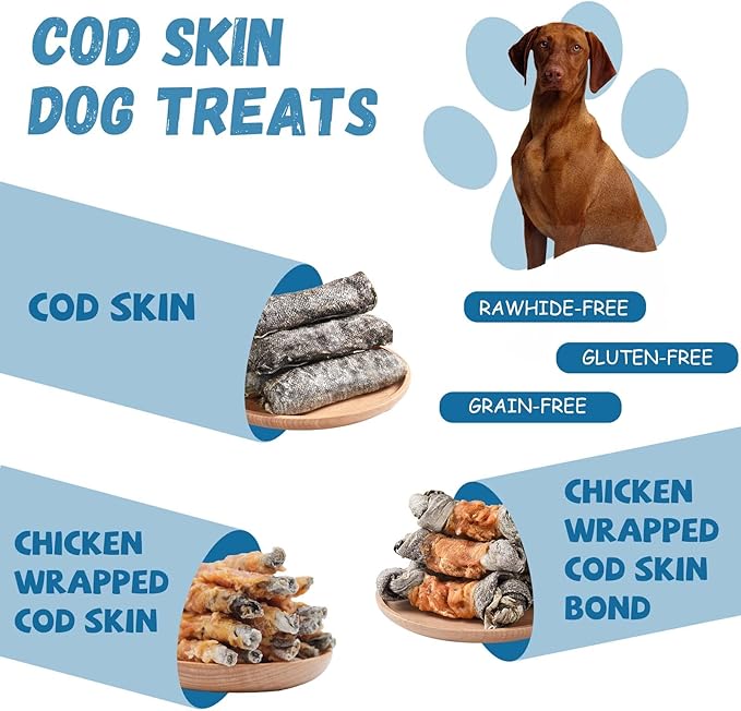 Pawmate Dog Treats Natural Cod Skin Rolls, Rawhide-Free Chewy Fish Skin Dog Chews for Medium Large Breeds, One-Ingredient Healthy Training Treats Rich in Omega3 & Protein, 10.6 oz