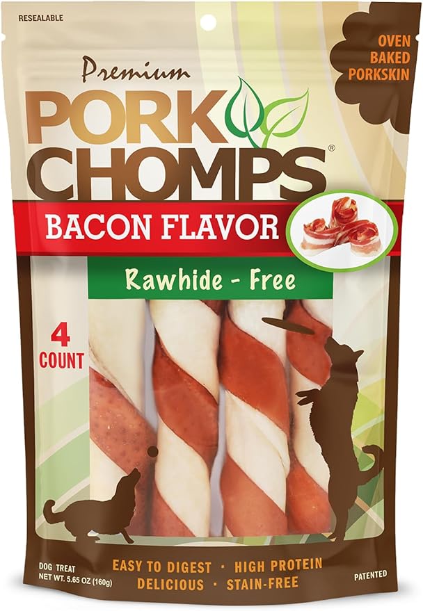 Pork Chomps Baked Pork Skin Dog Chews, 6 Inch Twists, 4 Count - Bacon Flavor Wrap - Long-Lasting Treats for Dogs - High Protein, Rawhide-Free, Low Fat, Healthy & Delicious Chews