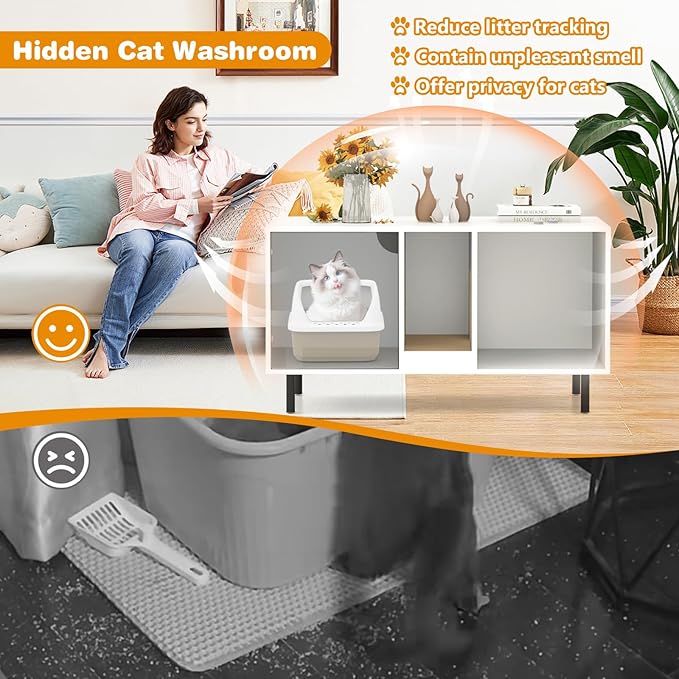 PETSITE Cat Little Box Enclosure, Litter Box Furniture with Removable Scratcher, Metal Legs, Cat Box Enclosure End Side Table, Hidden Litter Box Furniture, 40 x 21 x 22 inches (White)