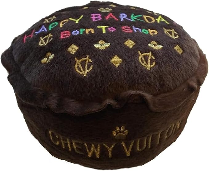 Dog Diggin Designs Chewy Vuiton Barkday Cake Plush Dog Toy | Luxury-Inspired Parody Designer Cake with Squeaker, Soft Plush Celebration Dog Toy – Prêt-à-Porter Play!