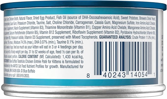 Blue Buffalo Tastefuls Wet Cat Food Paté for Kittens, Made with Natural Ingredients | Chicken Entrée, 3-oz. Cans (24 count )