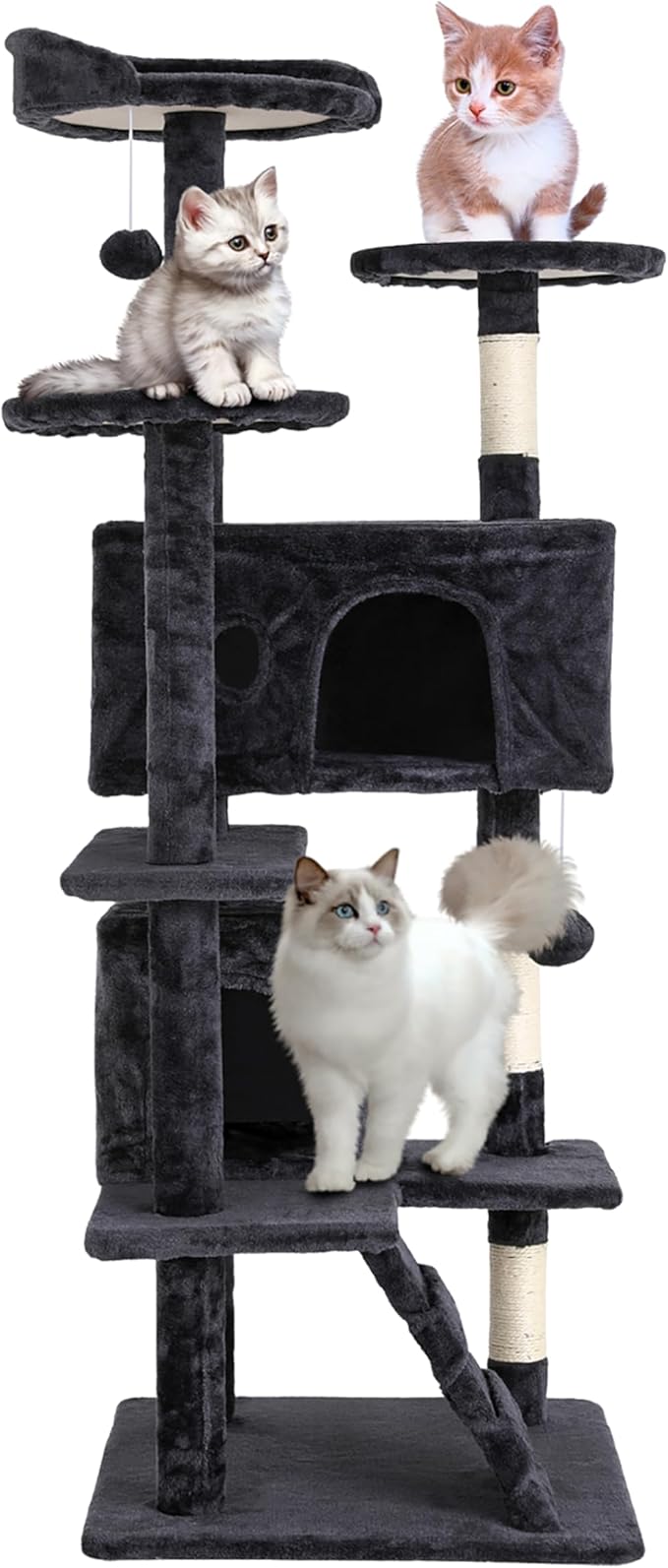24/7 Shop at Home Court 54 inch Multi-Level Cute Cat Tree Tower with Dangling Ball and Scratching Posts for Indoor Cats Adults, Kitten Supplies, Pet House, Dark Gray