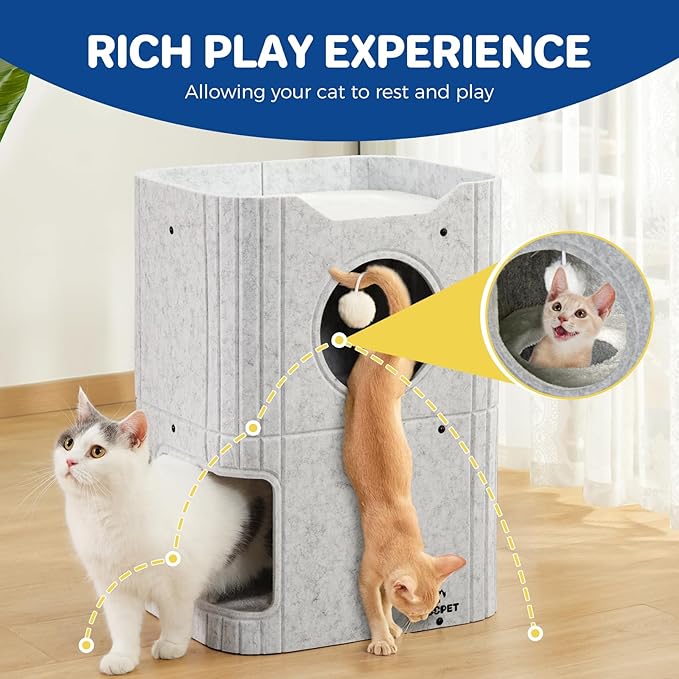 ABCPET Cat House for Indoor Cats, Cat Condo Cat Bed Cave, Felt Cats Hideaway Condo with Resistant Scratching Freedom Kitten Cube & Hanging Ball, Light Gray