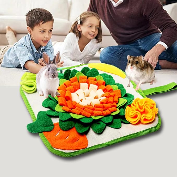 Rabbit Foraging Mat Snuffle Mat for Small Animals Rabbit Toy 11.8"x11.8" Rabbits Snuffle Mat Pets Interactive Feeding Matt Treat Dispenser for Bunny Guinea Pigs Ferrets Chinchillas (Green and Orange)