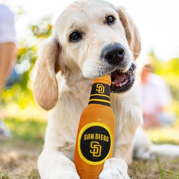Pets First MLB San Diego Padres Stadium Beer Bottle Plush Dog Toy-Cutest Plush Toy for Dogs & Cats with Inner Squeaker & Premium Embroidery of Baseball Team Name & Logo