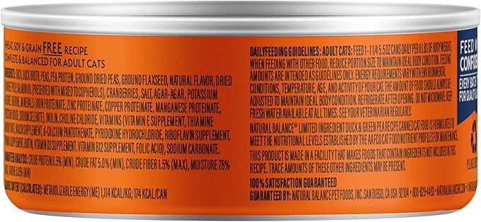 Natural Balance Limited Ingredient Adult Grain-Free Wet Canned Cat Food, Duck & Green Pea Recipe, 5.5 Ounce (Pack of 24)